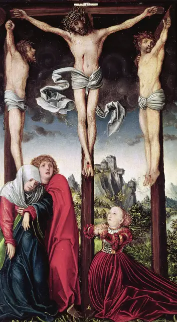 Ein versöhnlicher Wortwechsel und ein vertraulicher Blickkontakt verbindet Jesus und Dismas im Angesicht des Todes. Das Tafelbild von Lucas Cranach d. Ä. (ca. 1515) hängt heute in der Alten Pinakothek in München. | Foto: Archiv