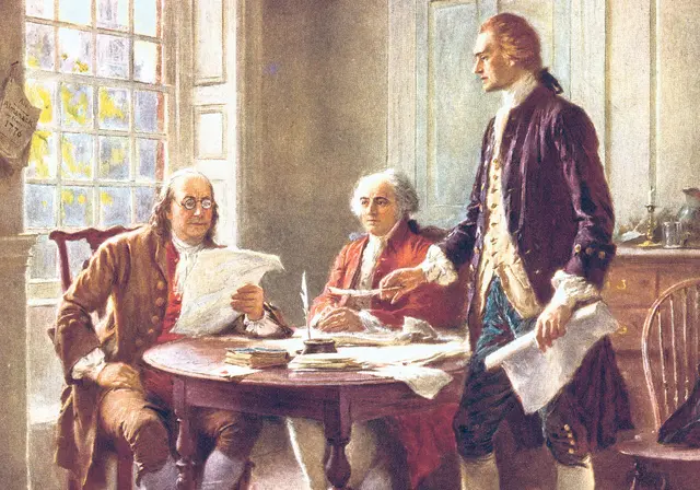Thomas Jefferson (1743-1826), Benjamin Franklin (1706-90) und John Adams (17351826) beim Verfassen und Redigieren der US-amerikanischen Unabhängigkeitserklärung im Jahr 1776. | Foto: APA/Jean Leon Gerome Ferris, 1930