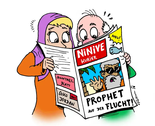 Die Idylle trügt: Sandstrand, Meer und eine Schiffsreise müssen nicht zwangsläufig mit Urlaubsfreuden einhergehen. Für den Propheten Jona sind diese Sehnsuchtsorte – wie auch heute für zahlreiche Menschen – Schauplätze einer abenteuerlichen Flucht.
 | Foto: Cartoon: Josef Promitzer
