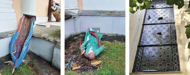 Drei Heiligenfiguren wurden im Juli vor der Stadtpfarrkirche in Deutschlandsberg Opfer eines Vandalenaktes (l. und Mitte). In der Pfarre Graz-Karlau wurden Fenster (r.) und Gemälde beschädigt. Neben der Täterausforschung steht die Reparatur des Zerstörten im Mittelpunkt.KKS | Foto: KKS