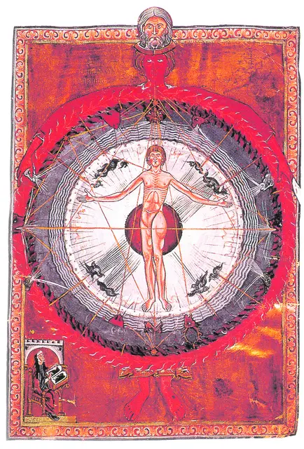 Der Mensch als Spiegelbild des 
Kosmos. Illustration zum „Liber divinorum operum“ („Buch der göttlichen Werke“) – der dritten Visionsschrift von Hildegard von Bingen. Das Werk bildet zusammen mit ihren Schriften „Scvias“ und dem „Liber vitae meritorum“ die sogenannte Visionstrilogie.
 | Foto: Wikimedia Commons