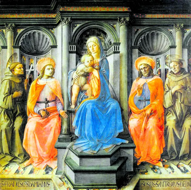Filippo Lippi (1406–1469): Altarbild, Madonna mit Kind. Im Vordergrund: Cosmas und Damian. Das Bild wurde wahrscheinlich von Cosimo de‘ Medici dem Älteren gestiftet.
 | Foto: Web Gallery of Art / Wikimedia Commons