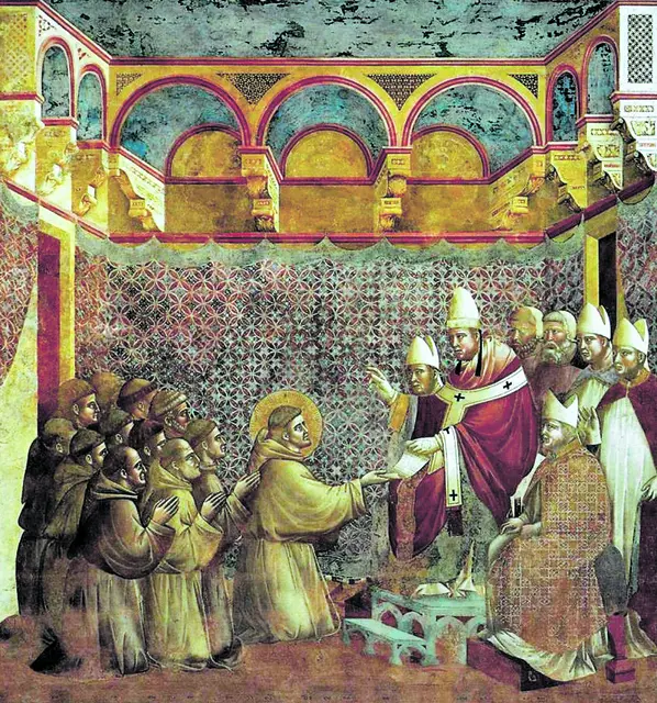 Giotto di Bondone: Franziskus‘ Ordensregeln werden vom Papst bestätigt. Fresko in der Basilika in Assisi. | Foto: Joachim Schäfer / Ökumenisches Heiligenlexikon