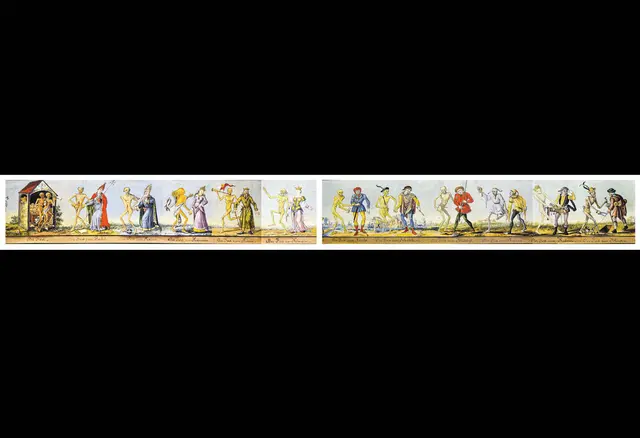 Johann Rudolf Feyerabend: Basler Totentanz oder Tod von Basel, 1806, Aquarellzeichnung, Historisches Museum Basel, nach einem spätmittelalterlichen Wandbild, 1439/40 (1805 zerstört), das sich an der Innenseite des Laienfriedhofes des Predigerklosters in Basel befand. | Foto: Wikimedia user Vassil, Creative Commons CC0 1.0 Universal Public Domain Dedication (2)