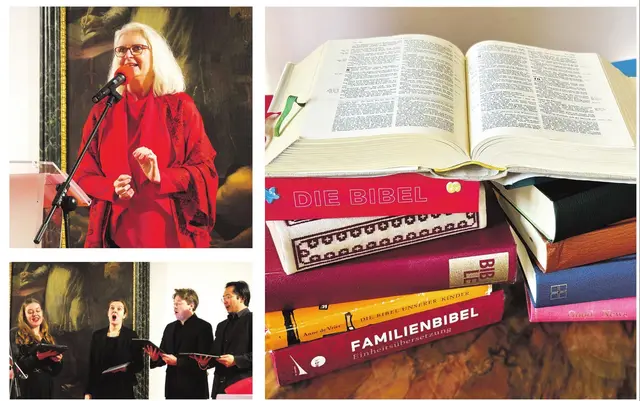 Beim Fest zum 60-Jahr-Jubiläum des Katholischen Bibelwerks trug Direktorin Elisabeth Birnbaum ihre beliebten Bibel-Chansons vor. Ein Vokalquartett umrahmte den Festakt in Klosterneuburg.  | Foto: Lea Gremm/Bibelwerk (2), Slouk