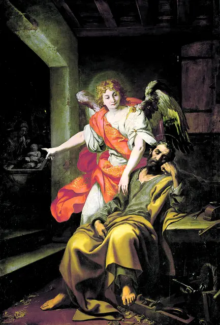 Josef, Sohn Davids,
fürchte dich nicht, Maria als deine Frau zu dir zu nehmen; 
denn das Kind, das sie erwartet, ist vom Heiligen Geist.
Sie wird einen Sohn gebären; 
ihm sollst du den Namen Jesu geben;
denn er wird sein Volk von seinen Sünden erlösen.

(Daniel Crespi: Josefs Traum. Zu sehen im Kunsthistorischen Museum Wien.  | Foto: KHM/Wikipedia Commons