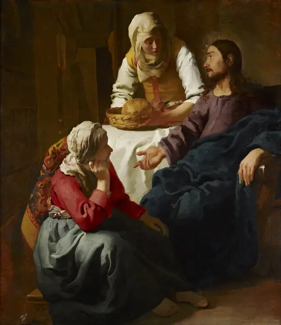 Sobald der Mensch sich von den zeitlichen Dingen abwendet und sich seinem Inneren zuwendet, gewahrt er ein himmlisches Licht, das von Himmel kommt.
Von Meister Eckhart

Das Bild "Christus bei Maria und Martha" ist ein Gemälde Jan Vermeers. Das 1654/1655 entstandene Bild ist eines der ersten Gemälde Vermeers, das heute bekannt ist, und mit 160 Zentimetern Höhe und 142 Zentimetern Breite auch das größte im Gesamtwerk Vermeers. | Foto: Von Jan Vermeer - Google Arts &amp; Culture — fwE2zem7WDcSlA, Gemeinfrei, https://commons.wikimedia.org/w/index.php?curid=21865869